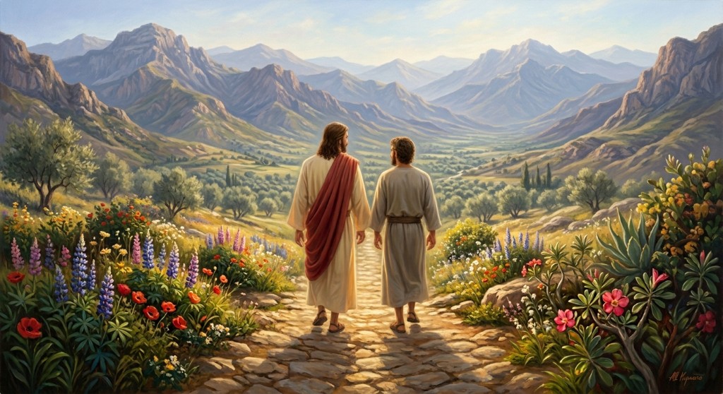 Christ walking a stone path with a disciple through a valley of flowers and mountains